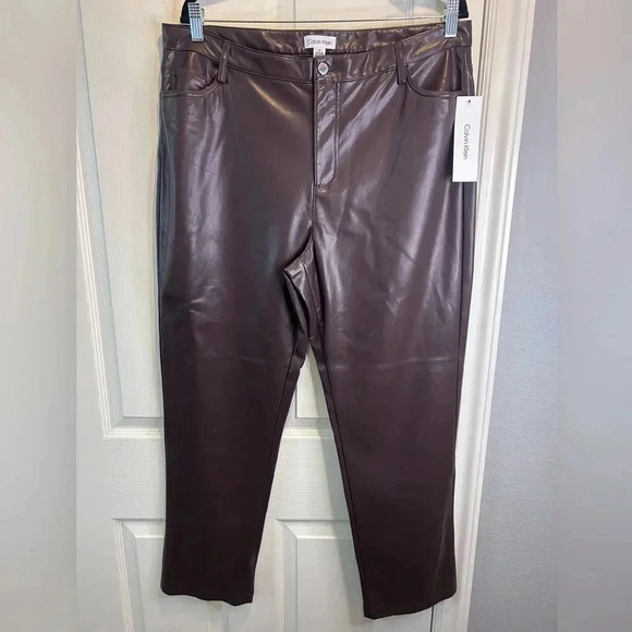 🤎”Calvin Klein” NWT Coffee Bean Faux Leather Pants Size 14 🤎 - Picture 1 of 14
